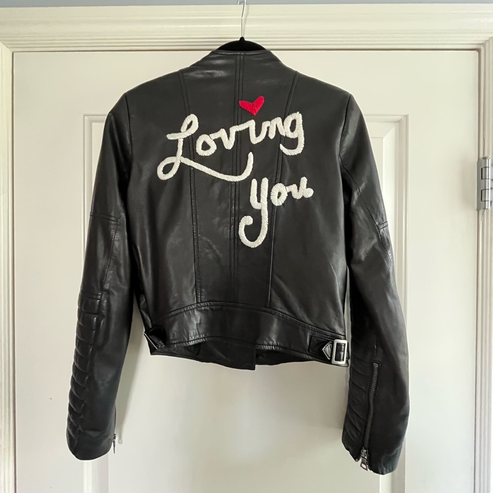 Alice + Olivia “Gamma" Embroidered Lambskin Leather Biker Jacket "Loving You"